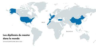 Carte du monde montrant mettant en couleur les pays où se situent les diplômés du master LMI entre 2001 et 2023